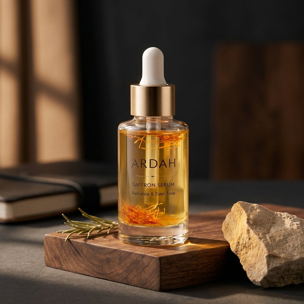 Ardah saffron serum bottle on a wooden platform with a dark background