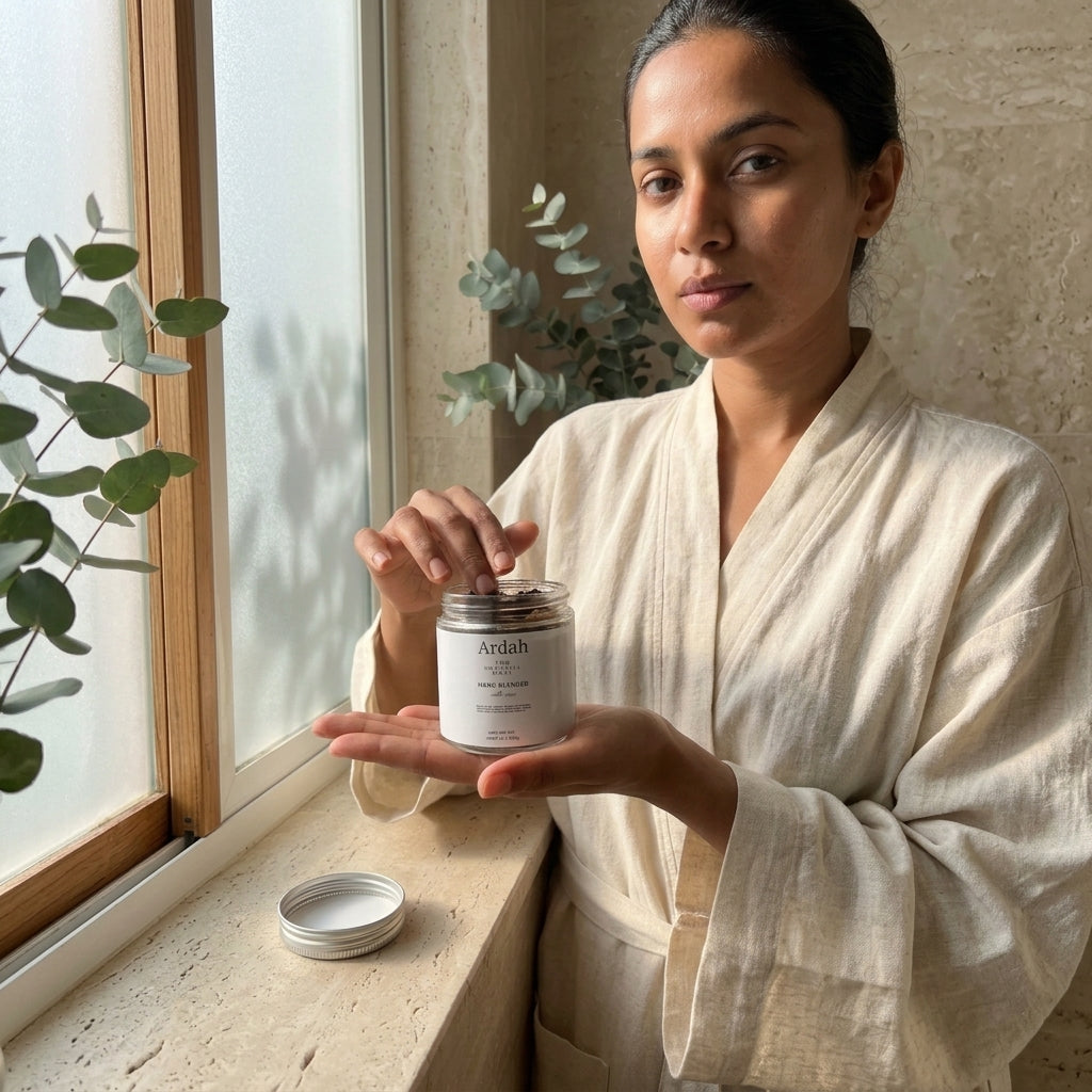 Woman in a white robe holding a jar labeled 'Anah' by a window with plants.