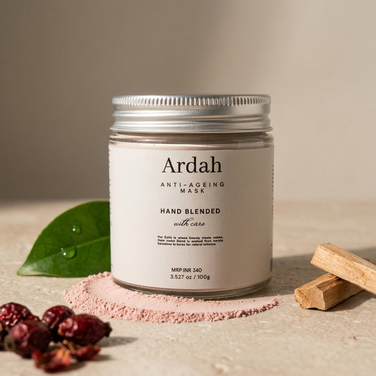 Ardah anti-ageing mask jar with natural ingredients on a neutral background