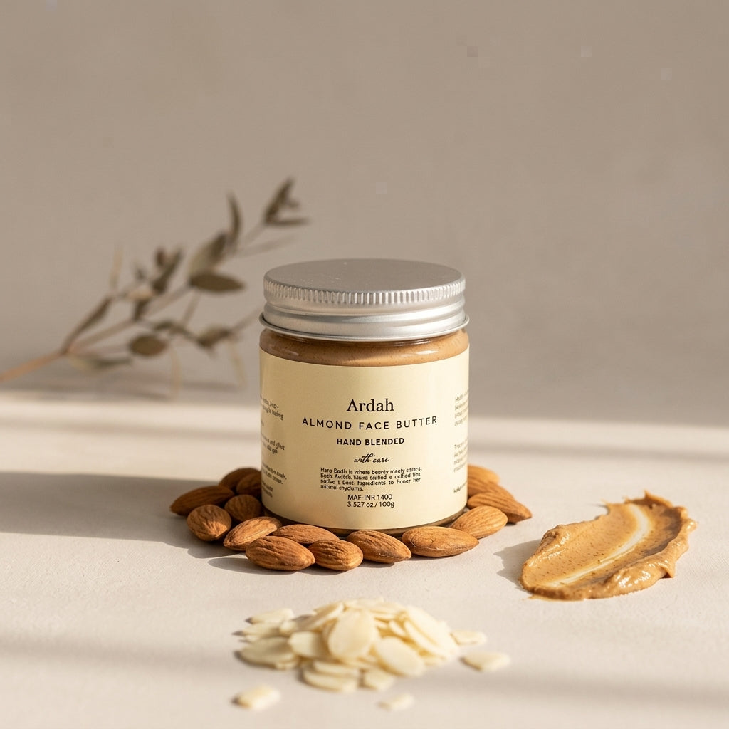 Ardah Almond Face Butter jar with almonds and almond slices on a neutral background