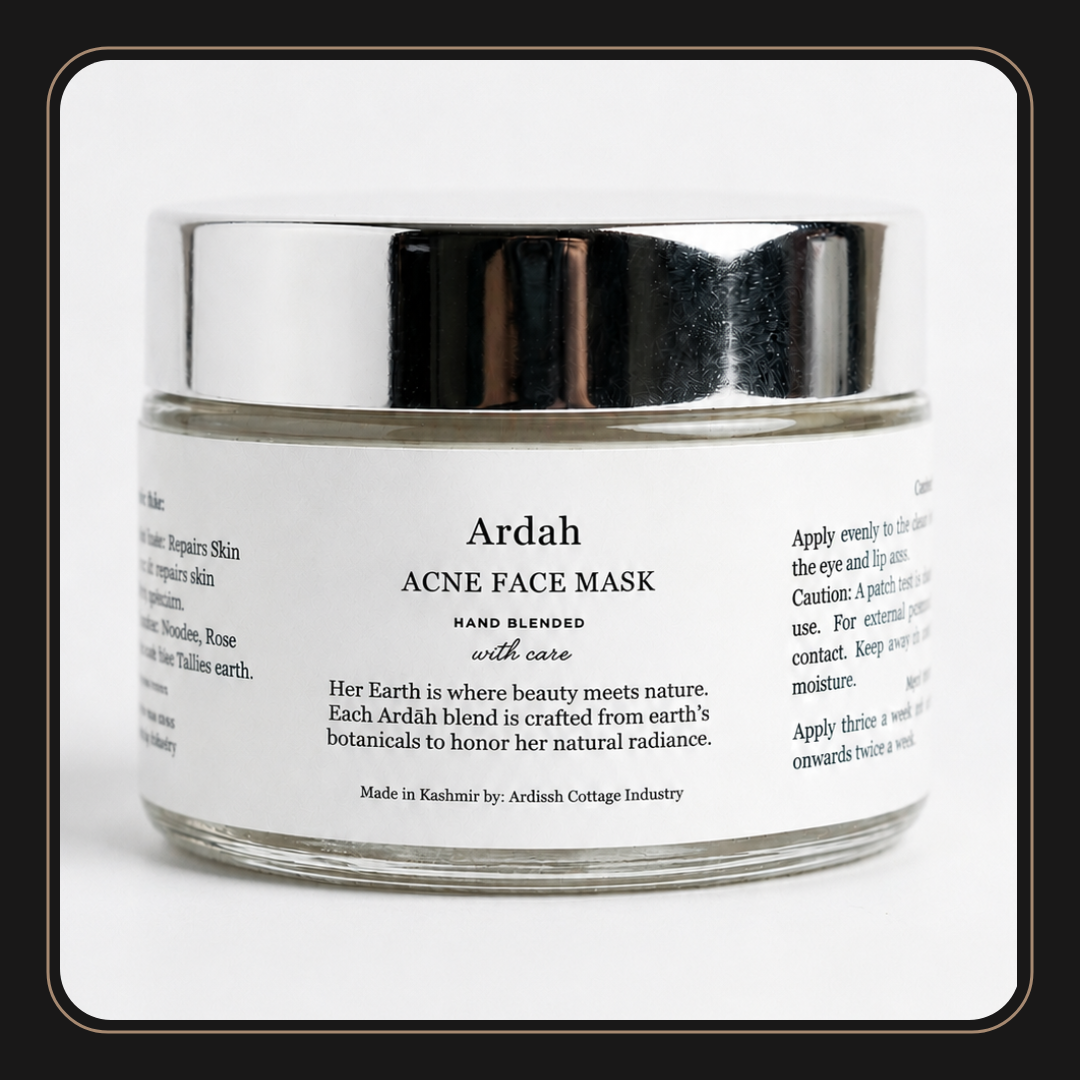 A jar of Ardah Acne Face Mask with a shiny silver lid and a white label, set against a white background with a dark border.
