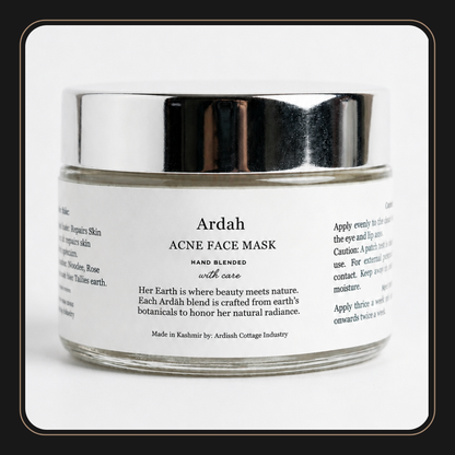 A jar of Ardah Acne Face Mask with a shiny silver lid and a white label, set against a white background with a dark border.