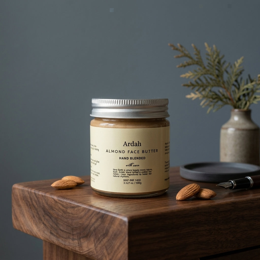 Jar of Ardah Almond Face Butter on a wooden surface with almonds and a plant in the background.