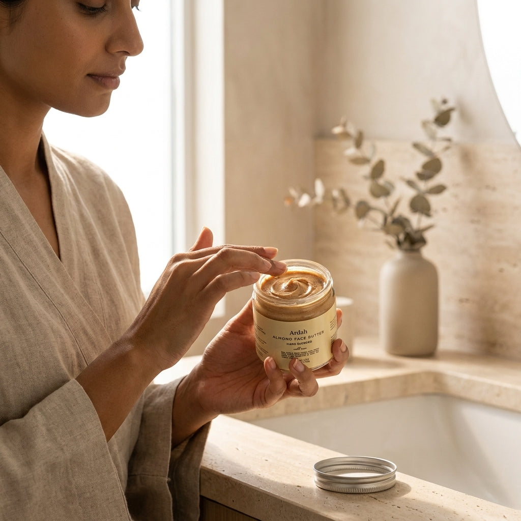 Woman holding a jar of face cream in a bathroom setting