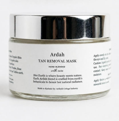 A clear glass jar of Ardah Tan Removal Mask with a reflective silver lid and a white label, set against a plain white background.