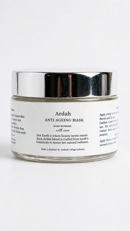 A clear glass jar of Ardah Anti Ageing Mask with a reflective silver lid, set against a plain white background.