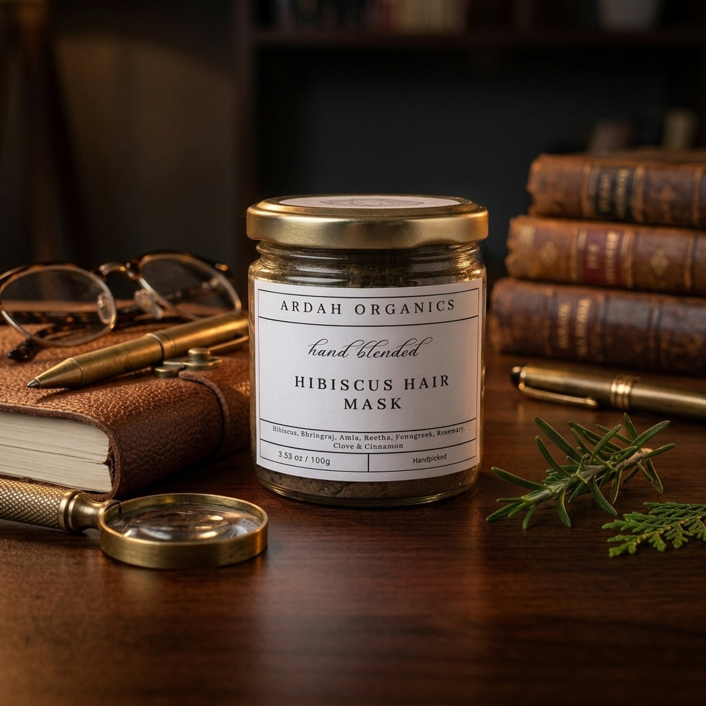 Jar of Ardah Organics hibiscus hair mask on a wooden surface with books and glasses in the background