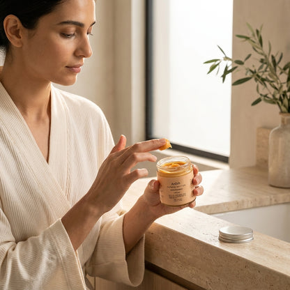 Woman in a bathrobe applying cream from a jar in a bathroom.