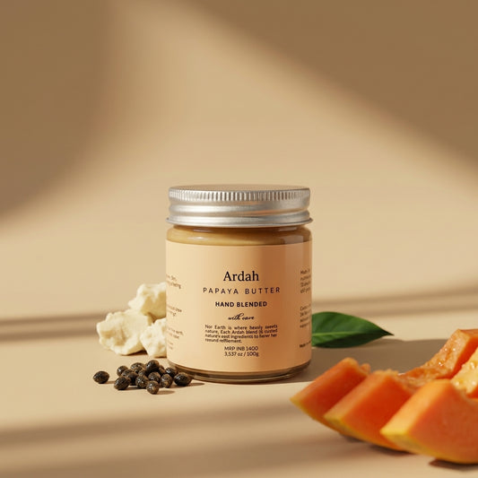 Jar of Ardah Papaya Butter with papaya slices and seeds on a beige background