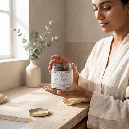 Woman holding a jar of hair mask in a bathroom setting