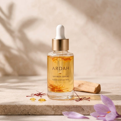 Ardah saffron serum bottle with dropper on a neutral background