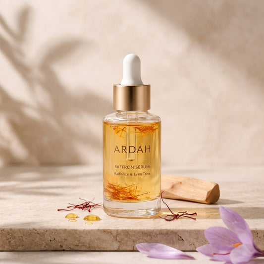Ardah saffron serum bottle with dropper on a neutral background