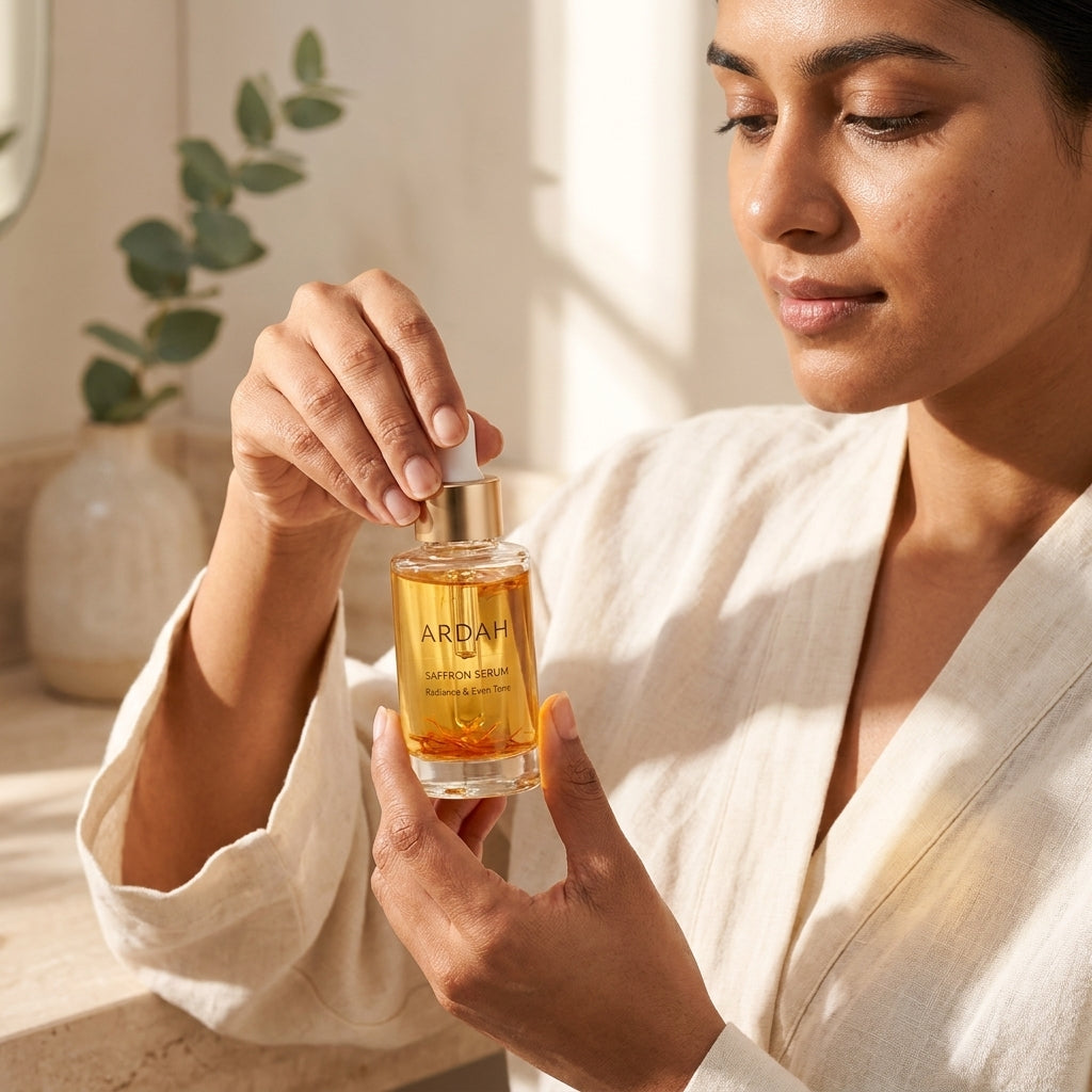 Woman holding a bottle of Ardah perfume in a softly lit room.