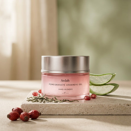 Pink jar of Ardah pomegranate undereye gel with aloe vera and rosemary on a neutral background