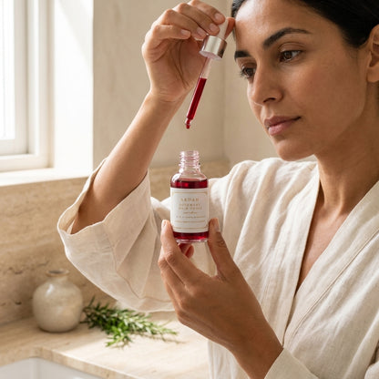 Woman in a bathrobe holding a dropper bottle with a red liquid and a labeled bottle.