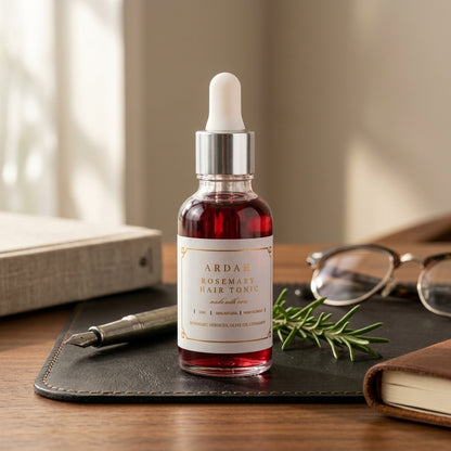 Bottle of Ardah Rosemary Hair Tonic on a wooden surface with a pen, glasses, and books in the background.