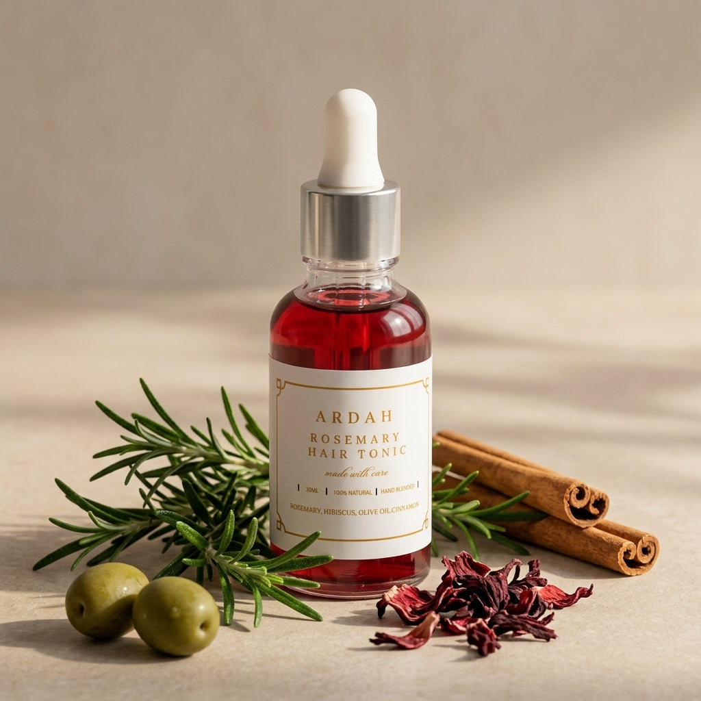 Bottle of Ardah Rosemary Hair Tonic with herbs and cinnamon sticks on a neutral background