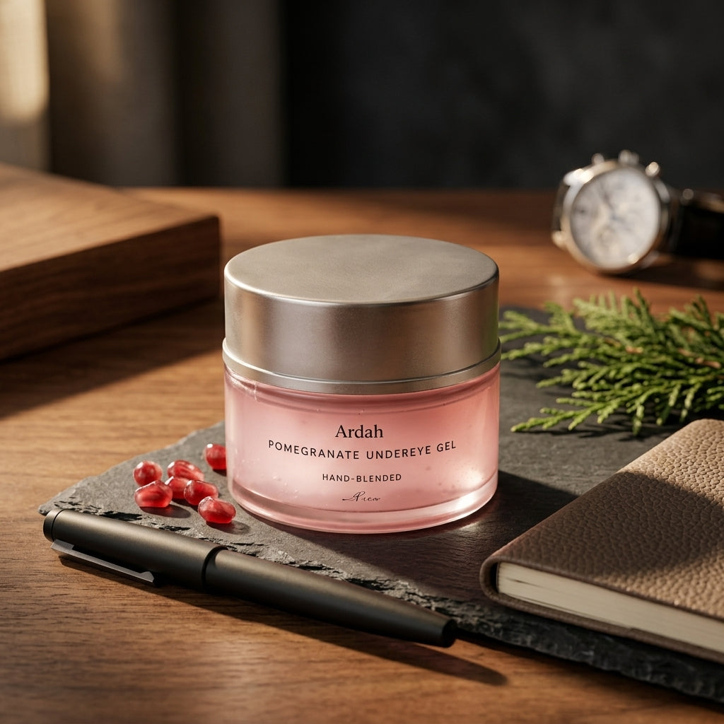 Pink jar of Ardah pomegranate undereye gel on a wooden surface with a pen and notebook.
