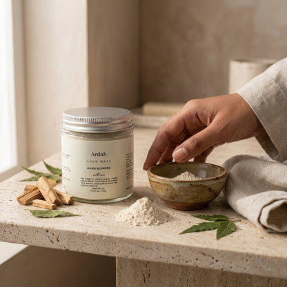 Ardah acne mask container on a stone surface with a hand reaching for a bowl of powder.