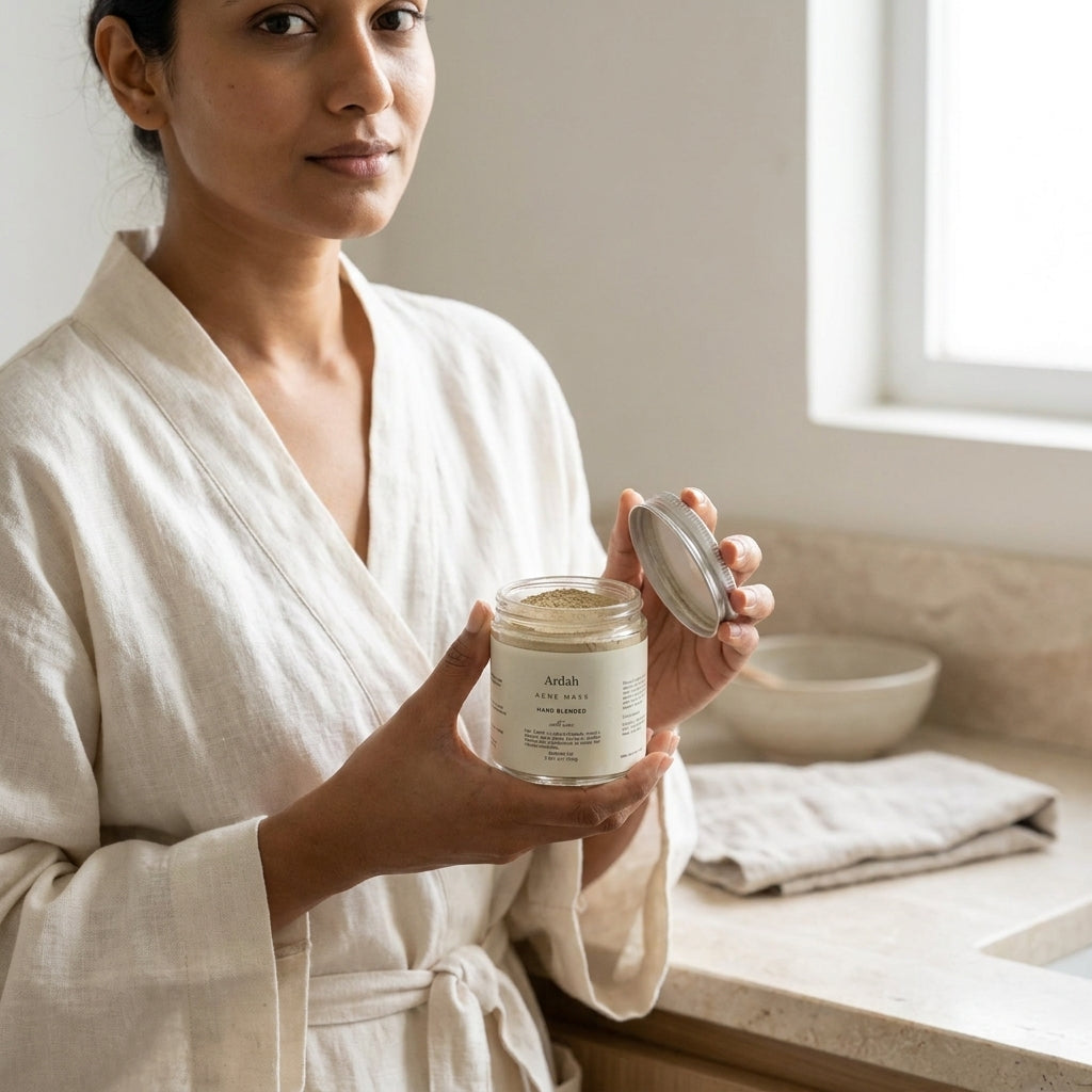 Woman in a white robe holding a jar of skincare product in a bathroom setting.