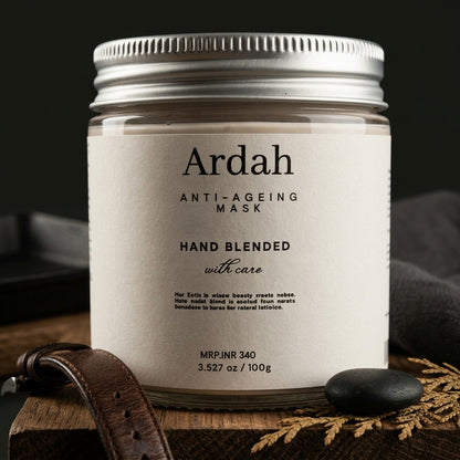 Ardah anti-ageing mask jar on a wooden surface with a dark background