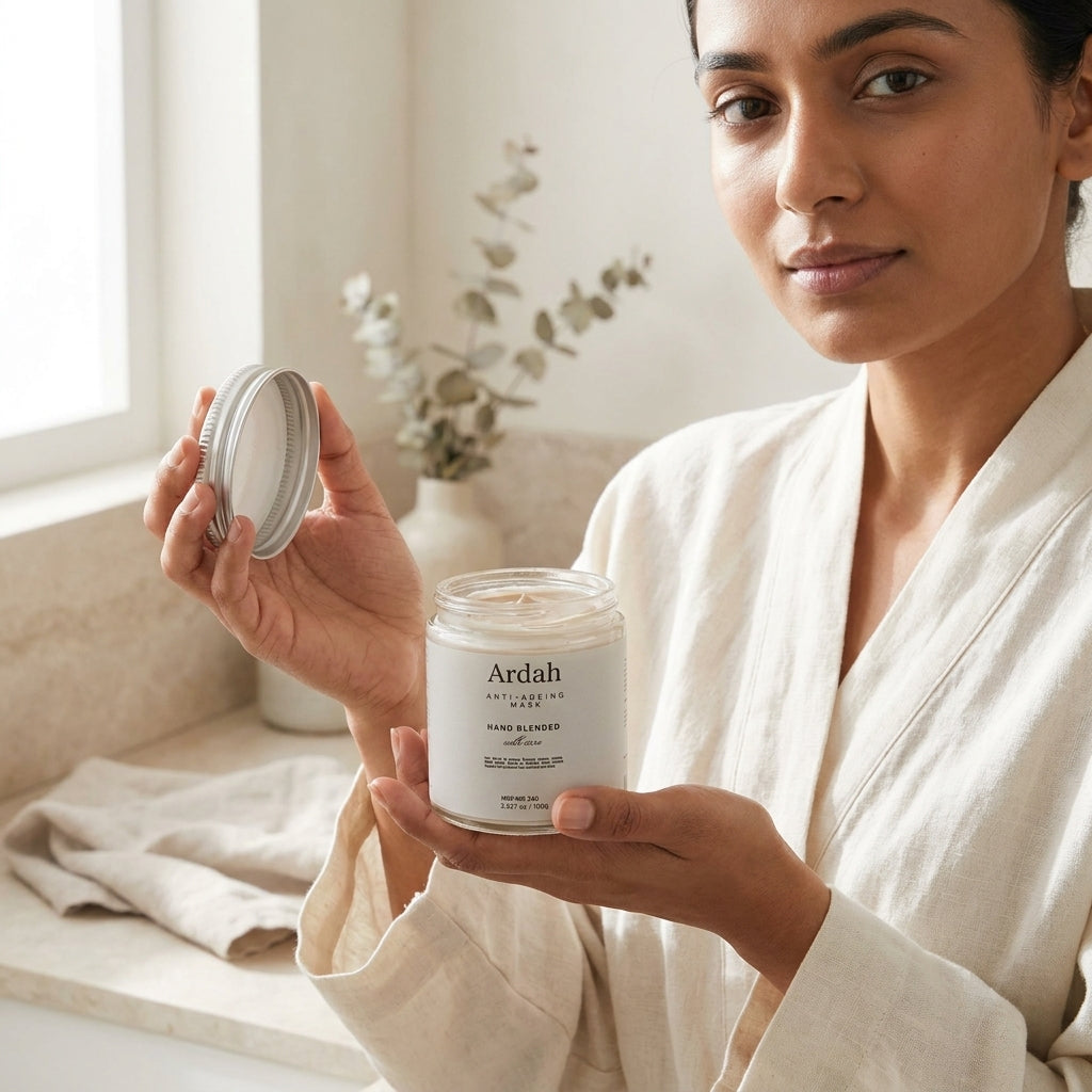 Woman holding a jar of Ardah product in a cozy indoor setting