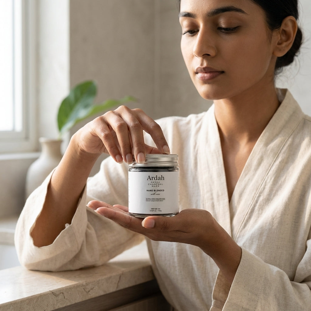 Woman holding a jar of Ardah skincare product in a serene setting