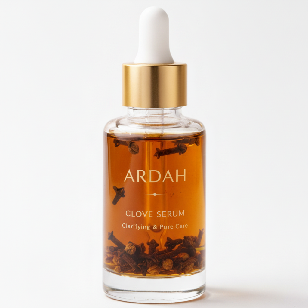 Ardah clove serum bottle with dropper on a white background