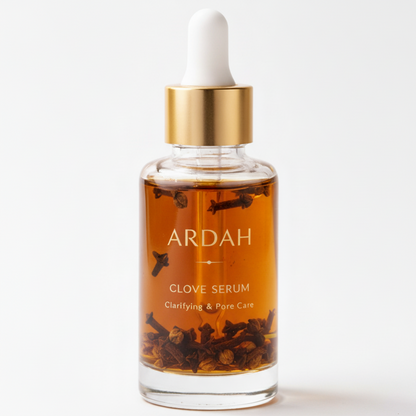Ardah clove serum bottle with dropper on a white background