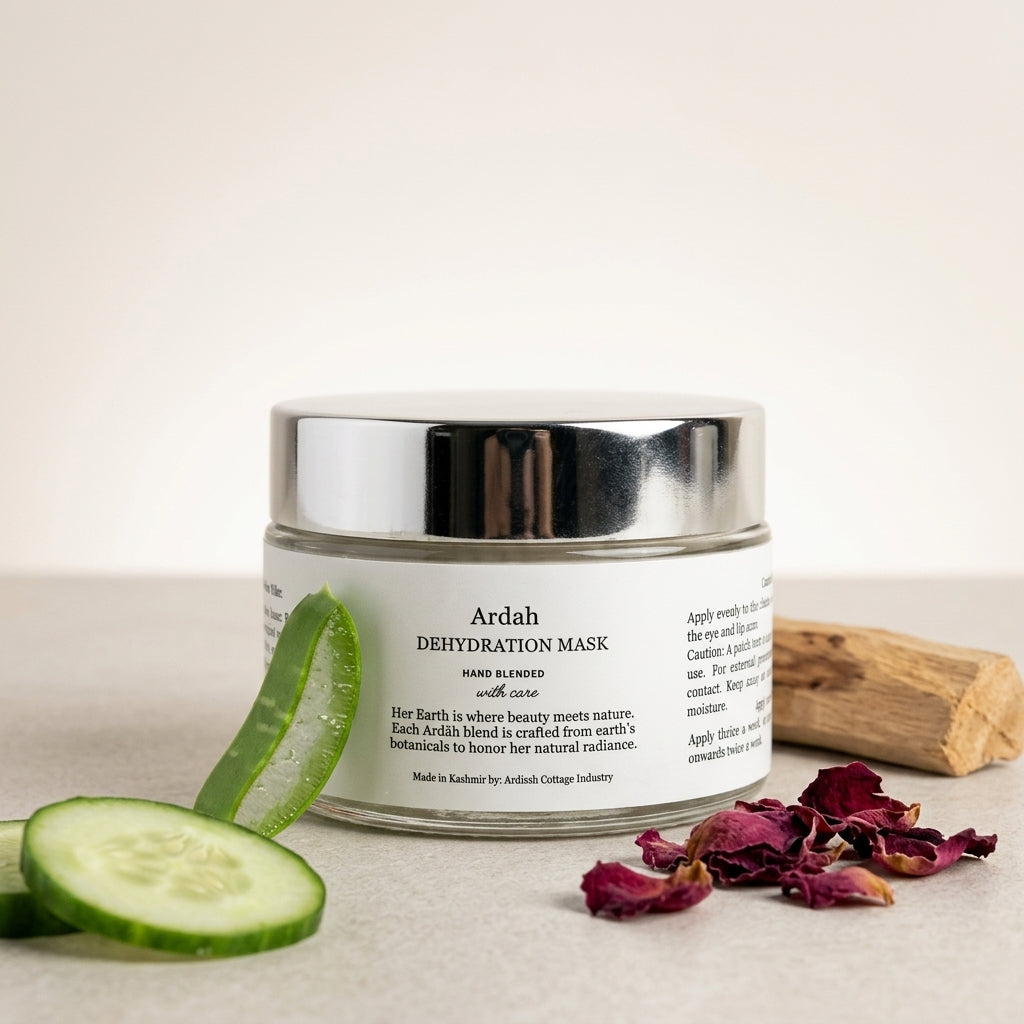 Ardah dehydration mask jar with cucumber slices, aloe vera leaf, and dried flowers on a light background