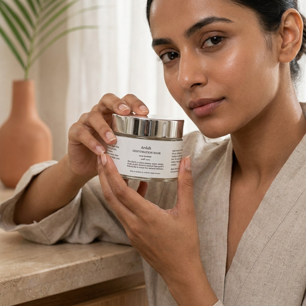Woman holding a skincare product container in a home setting