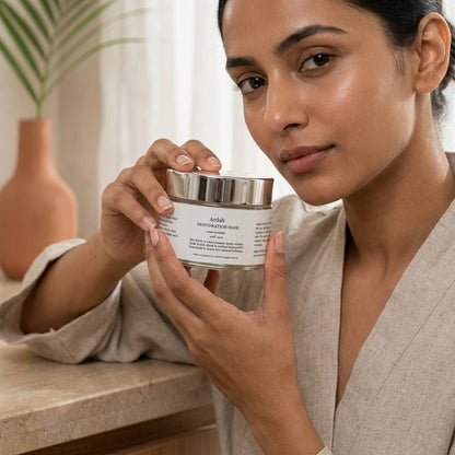 Woman holding a skincare product container in a home setting
