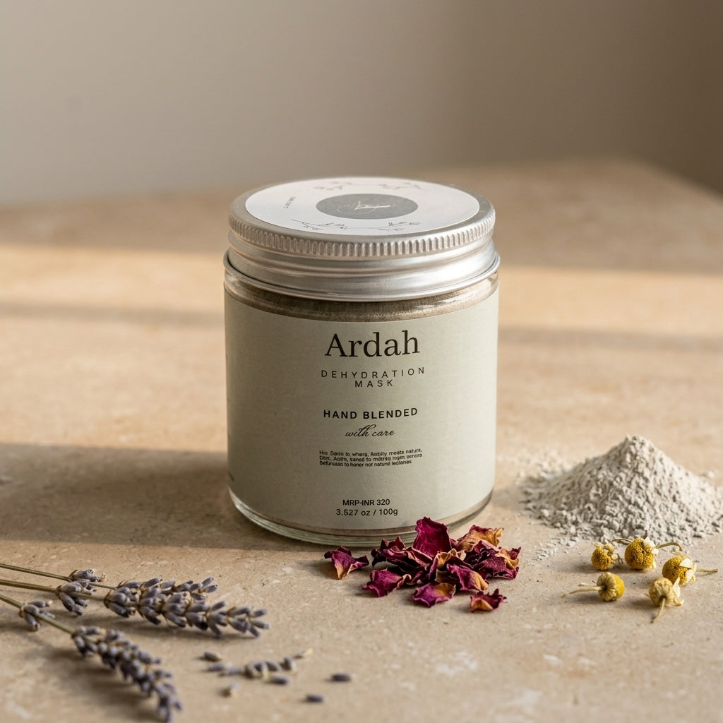 Ardah dehydrating mask jar on a neutral background with dried flowers and lavender.