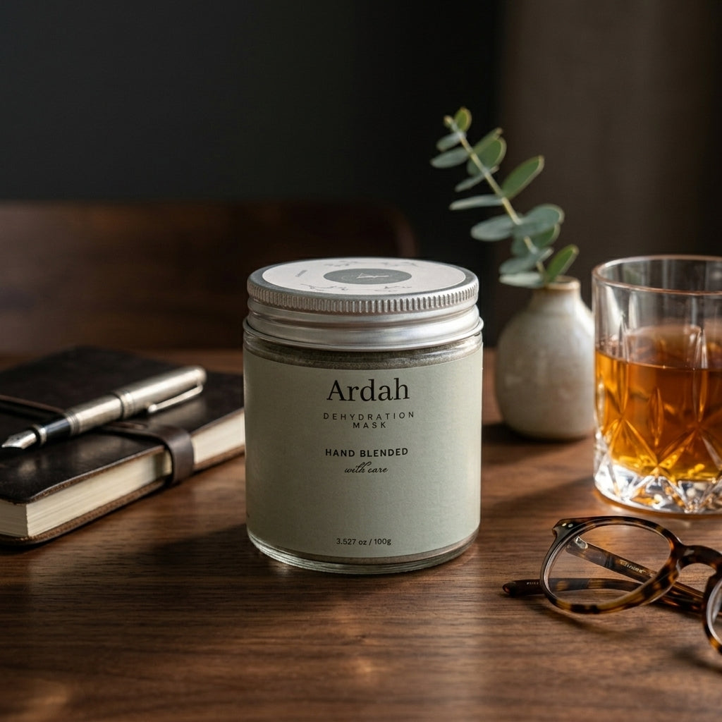 Ardah dermafoliant mask jar on a wooden surface with a glass of tea, notebook, and glasses.