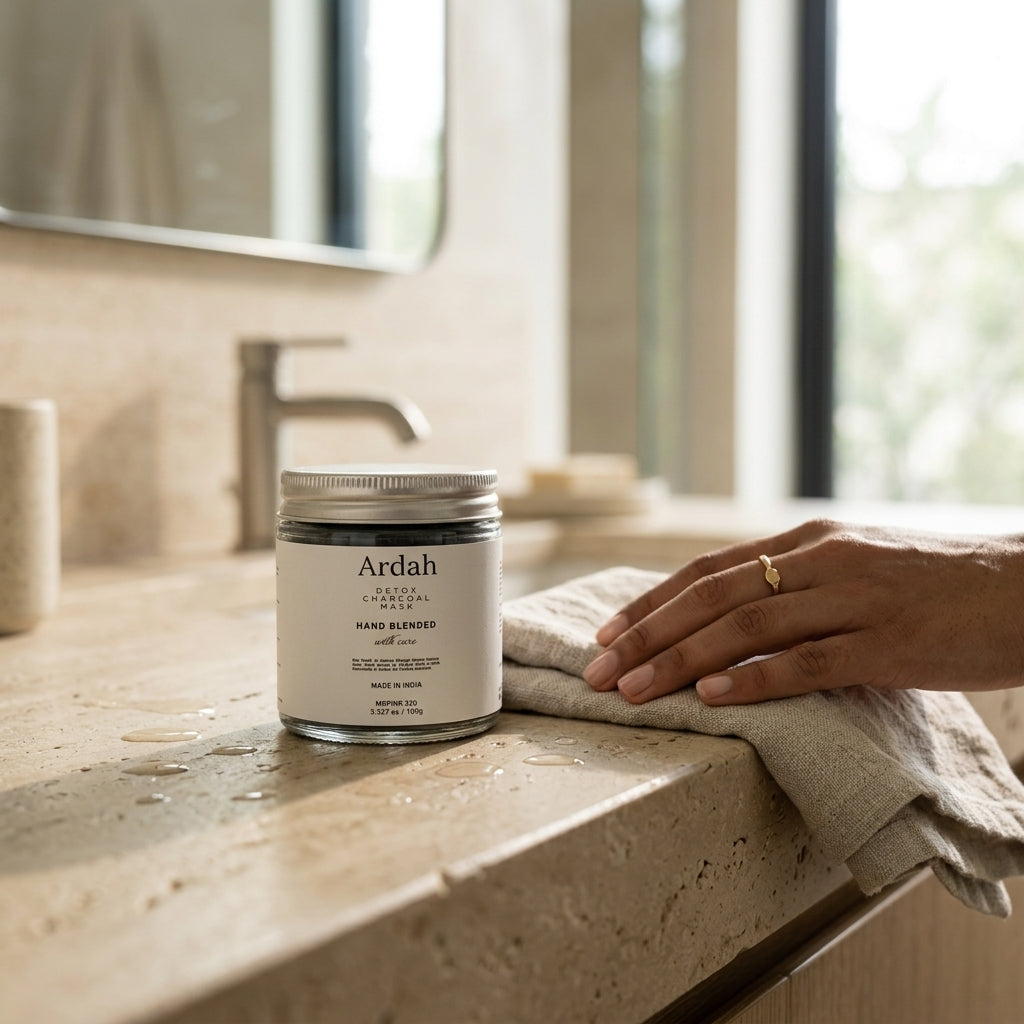 Ardah hand sanitizer jar on a bathroom counter with a hand holding a towel.