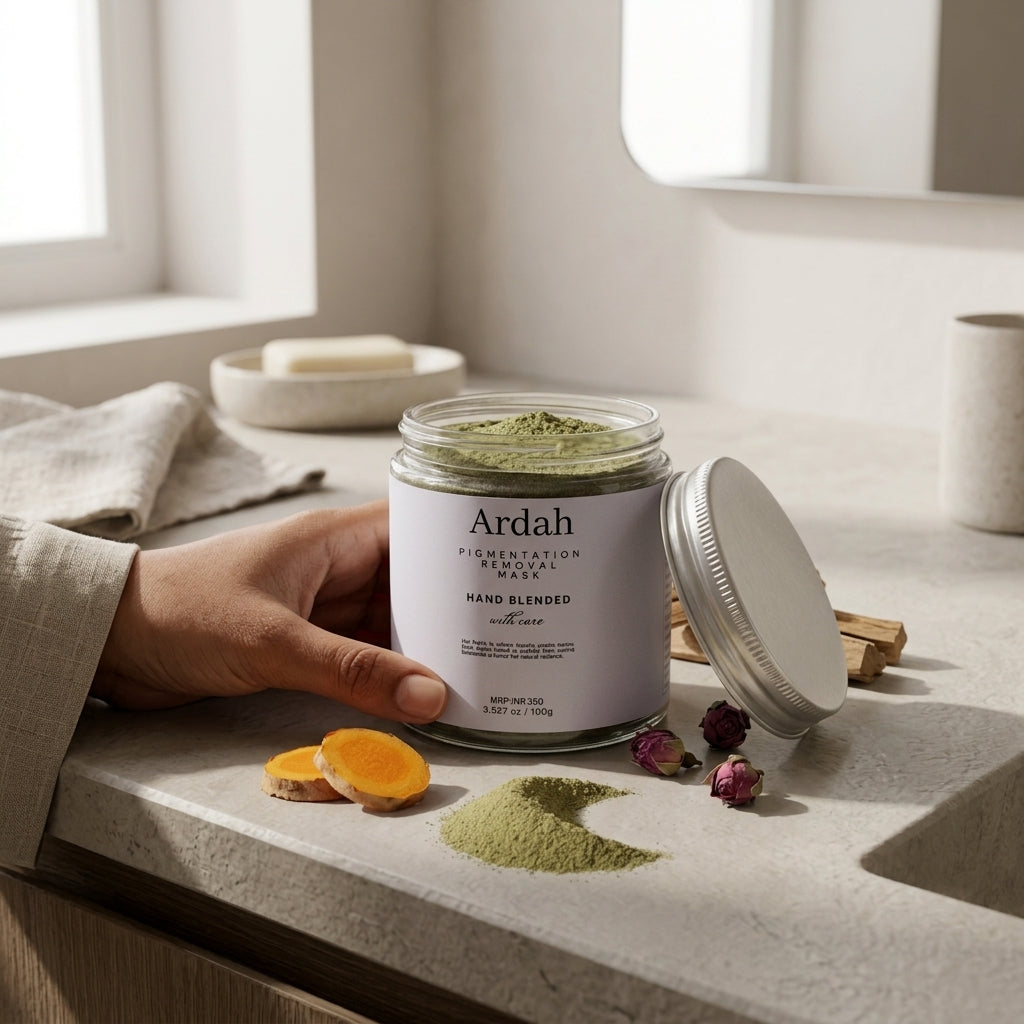 Ardah jar of hand-blended mask on a light surface with natural ingredients.
