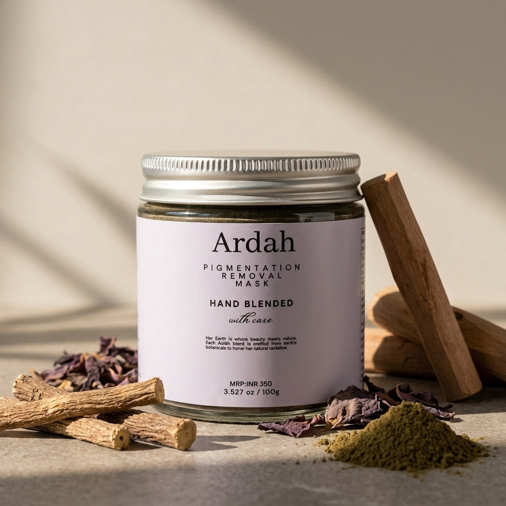Ardah pigmentation removal mask jar with natural ingredients on a neutral background