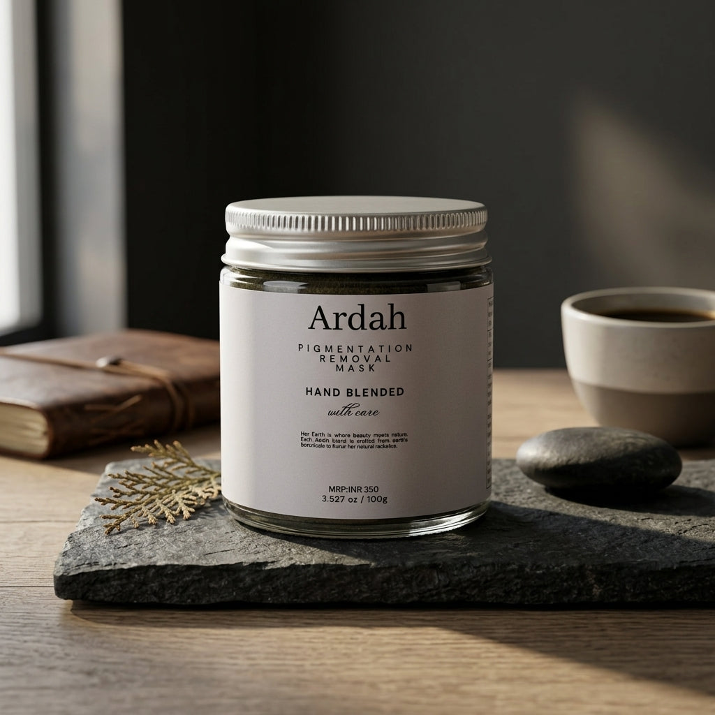 Ardah jar of hand-blended product on a wooden surface with a cup and book in the background