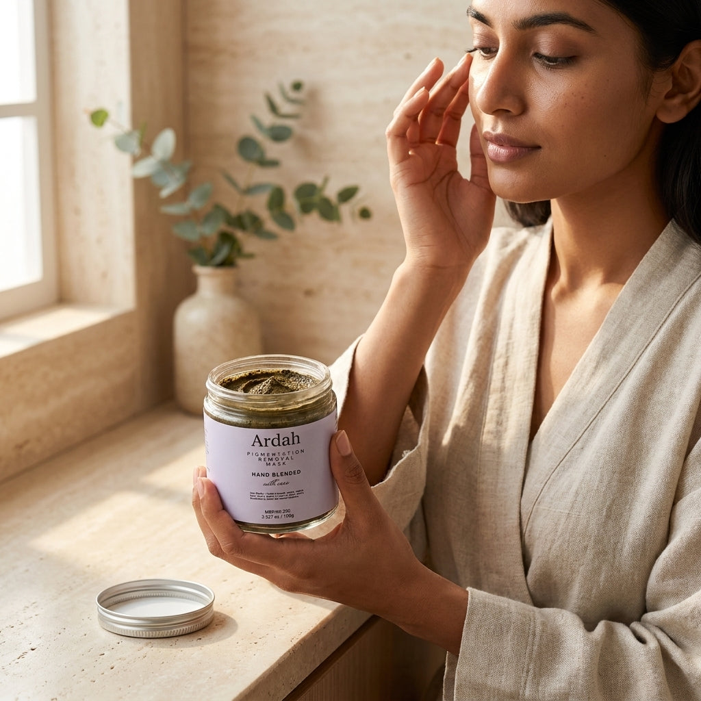 Woman holding a jar of Ardah skincare product in a serene setting with plants and natural light.