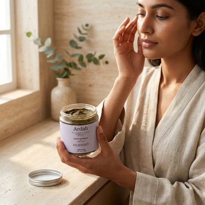 Woman holding a jar of Ardah skincare product in a serene setting with plants and natural light.