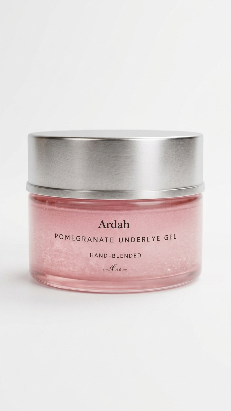 Pink jar of Ardah pomegranate undereye gel with silver lid on a white background