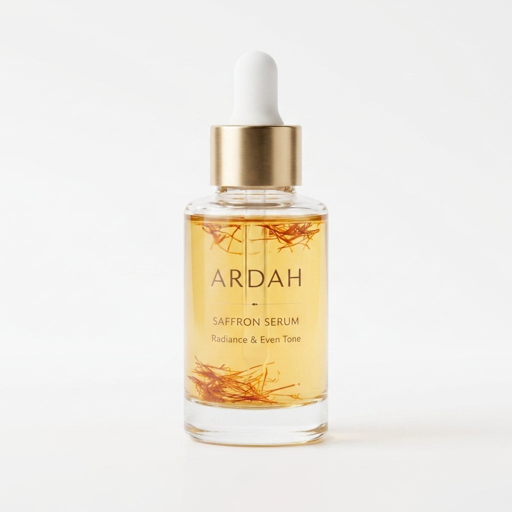 Ardah saffron serum bottle with dropper on a white background