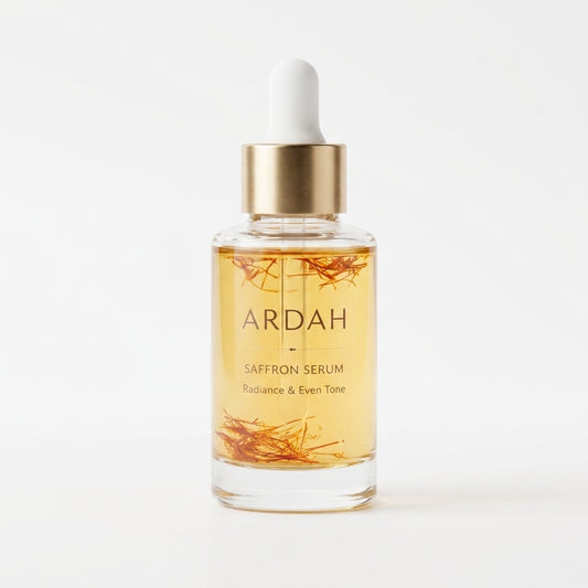 Ardah saffron serum bottle with dropper on a white background