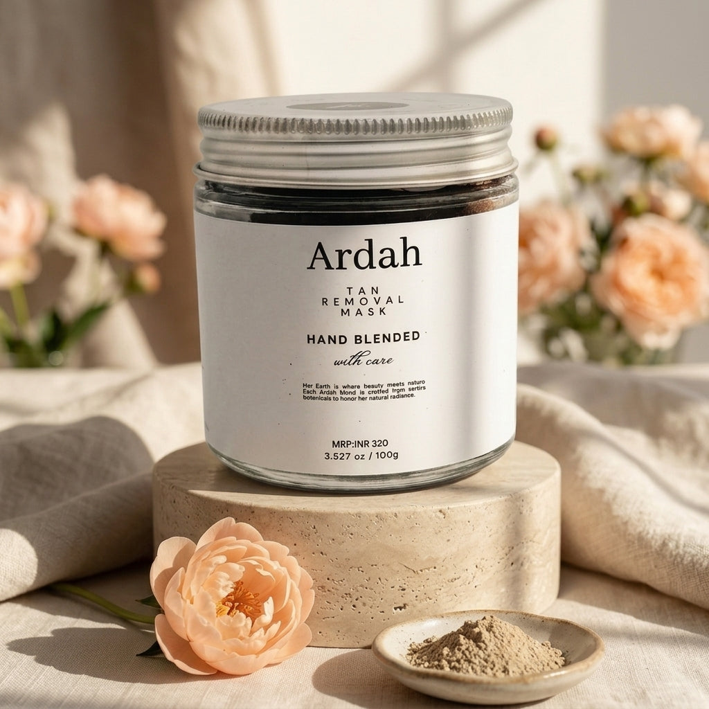 Ardah tan removal mask jar with flowers in the background