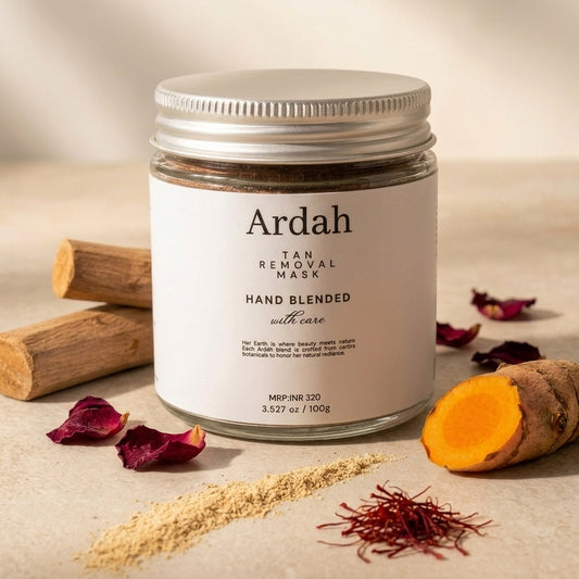 Ardah tan removal mask jar with turmeric root and rose petals on a beige background